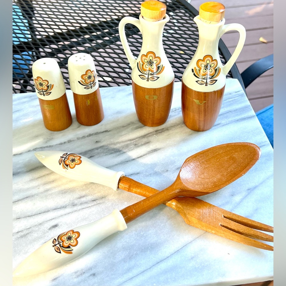 Vintage S.S. Kresge Porcelain & Wood Salad Set w/Retro Floral Design, c. 1970s